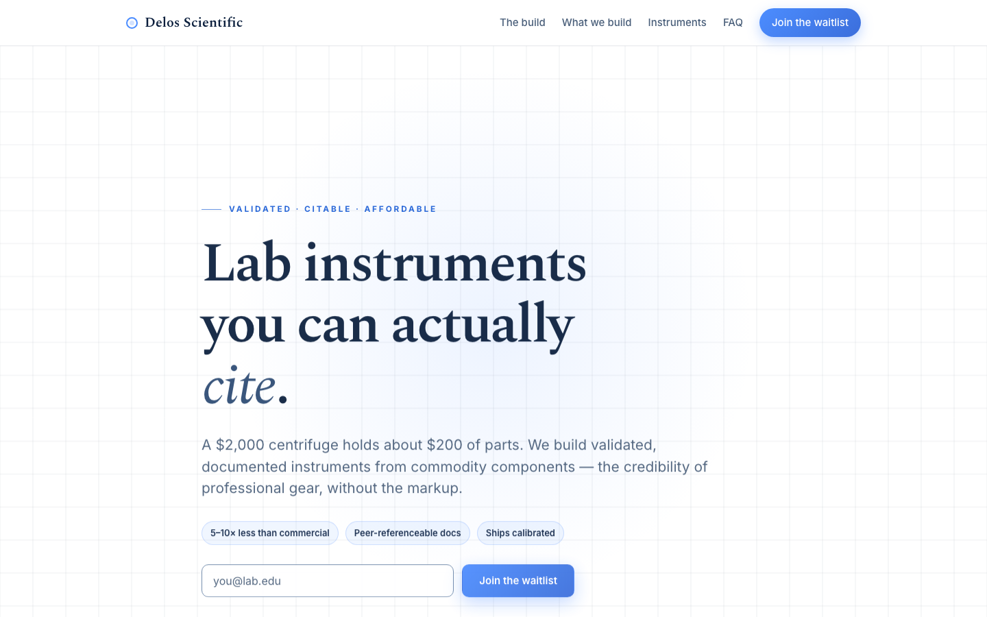 Delos Scientific: Hero: headline, proof chips and inline waitlist form over the pointer-warped grid