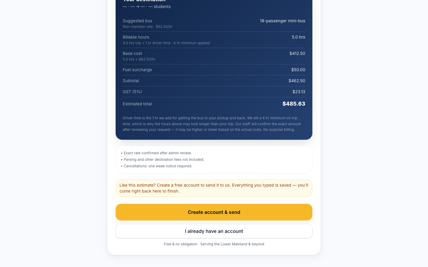 CCSTA Booking & Dispatch: Itemised instant estimate on the quote form: suggested bus, billable hours with minimum applied, fuel surcharge, GST.
