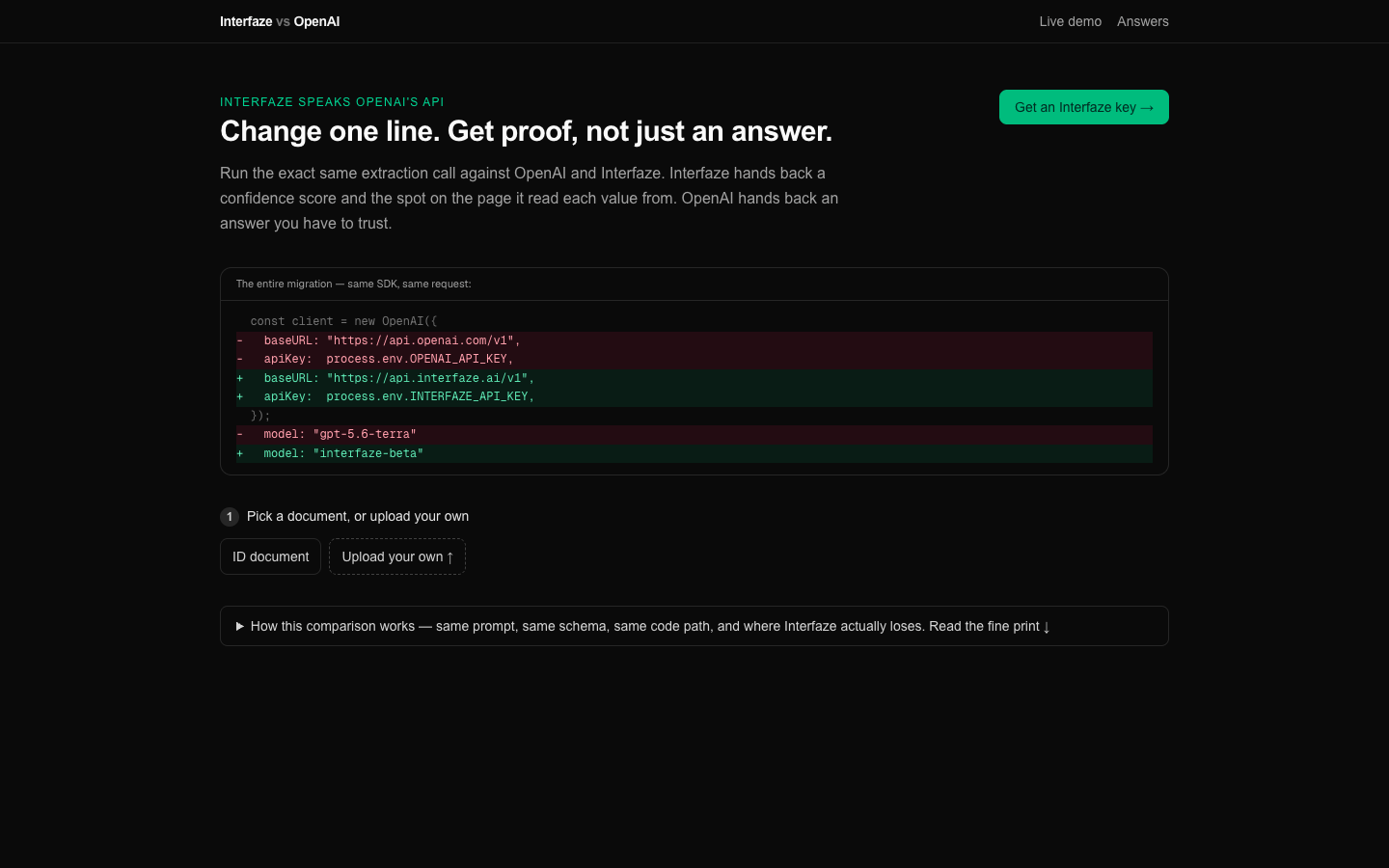 Interfaze Diff Tool: Landing: the whole migration shown as a code diff, then pick a sample or upload.