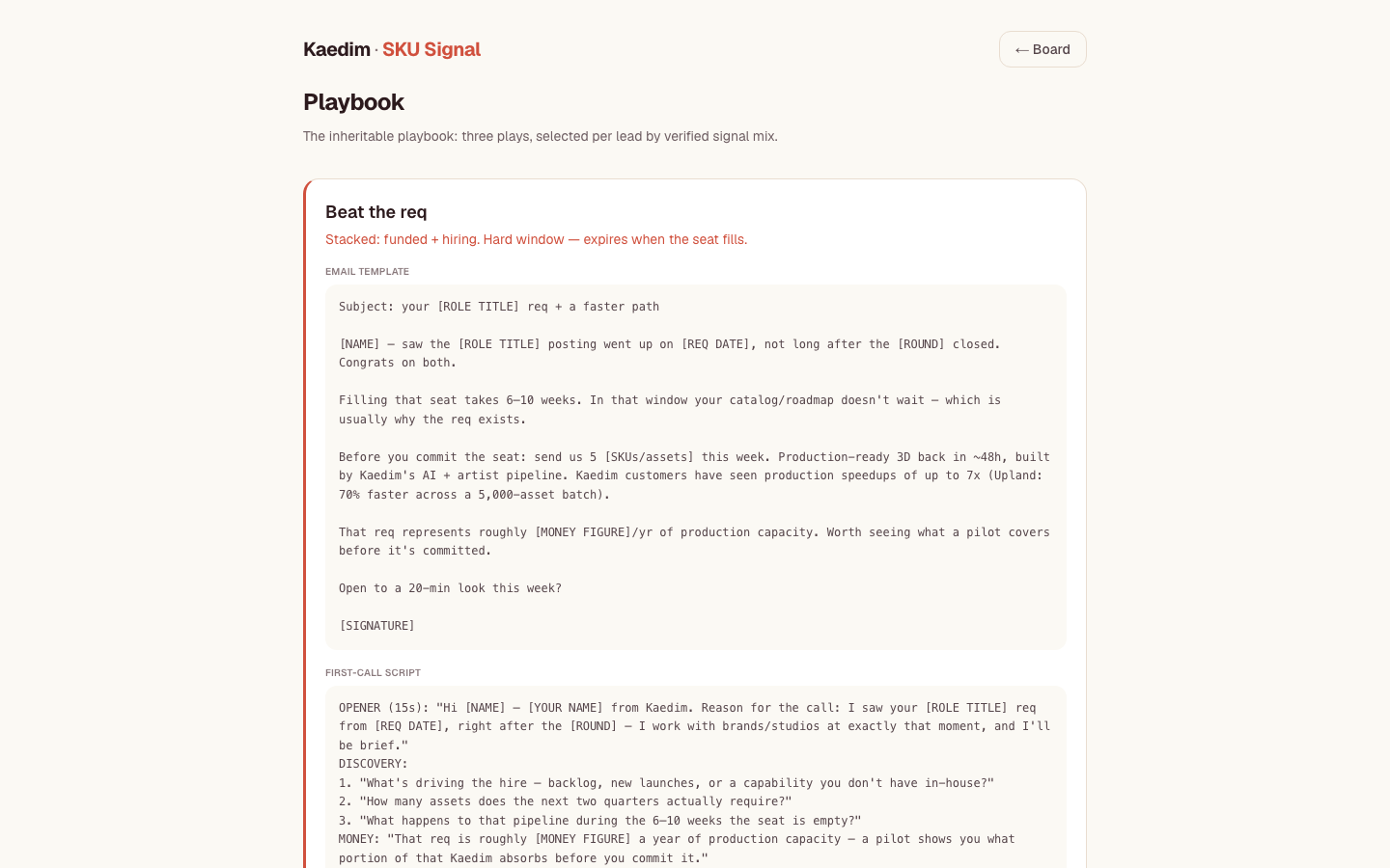 Kaedim SKU Signal: The playbook page: the Beat-the-req play with its email template and first-call script, selected in code from the verified signal mix.