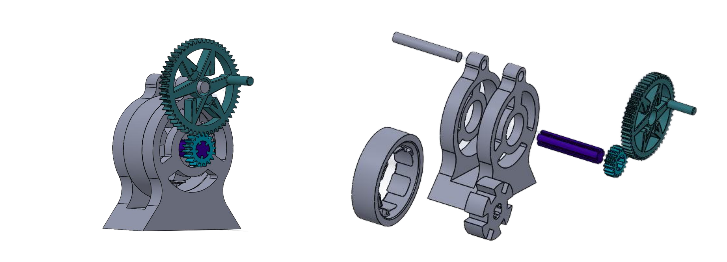 NextSpark: SolidWorks assembly and exploded view of the hand-crank generator: casing halves, stator ring, rotor, keyed centre shaft, pinion and crank gear