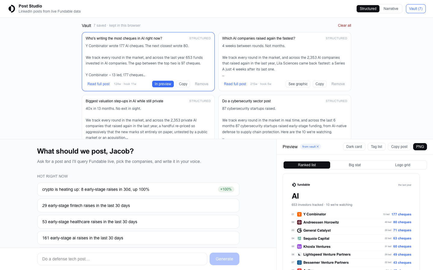 Fundable Post Studio: Vault of saved posts with hook/word meters, and a saved graphic pushed back into the preview with the three-layout switcher.